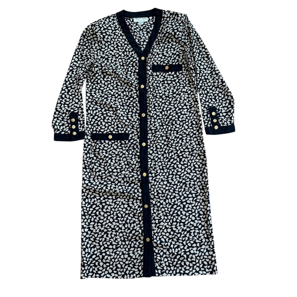 Albert Nipon Executive Dress Black Beige Abstract Print Button Front V Neck Midi